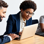 ** A diverse group of people of different ages, genders, and ethnicities using laptops, tablets, and smartphones, collaborating on a project. Focus on showcasing inclusive technology and diverse representation in tech use.

**