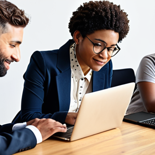 Home 11 ** A diverse group of people of different ages, genders, and ethnicities using laptops, tablets, and smartphones, collaborating on a project. Focus on showcasing inclusive technology and diverse representation in tech use.
**