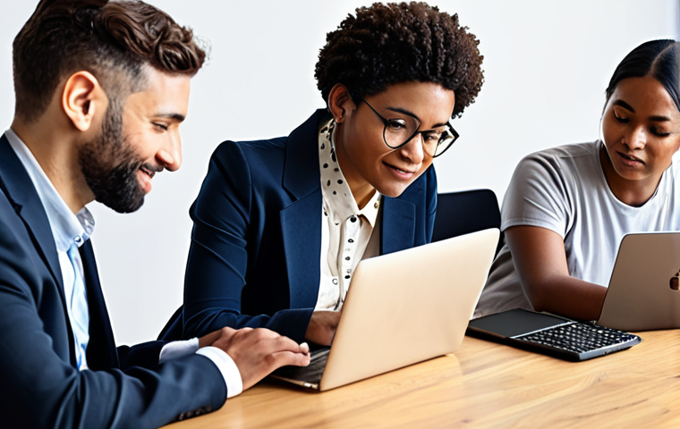 ** A diverse group of people of different ages, genders, and ethnicities using laptops, tablets, and smartphones, collaborating on a project. Focus on showcasing inclusive technology and diverse representation in tech use.
**