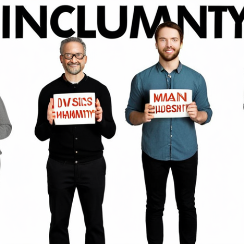 Home 6 **Prompt:** A diverse group of people standing together, some holding signs advocating for inclusive language. The background shows a faded image of a textbook page with the word "man" crossed out and replaced with "humanity." Soft, encouraging lighting. Style: Illustration, emphasis on diversity and inclusivity.