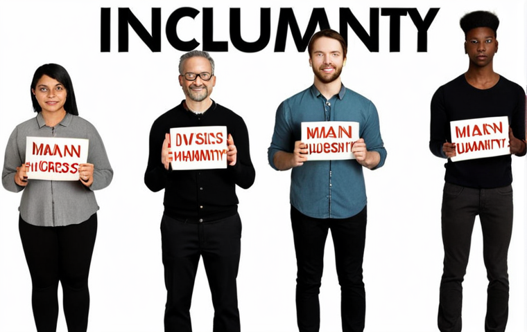 **Prompt:** A diverse group of people standing together, some holding signs advocating for inclusive language. The background shows a faded image of a textbook page with the word "man" crossed out and replaced with "humanity." Soft, encouraging lighting. Style: Illustration, emphasis on diversity and inclusivity.
