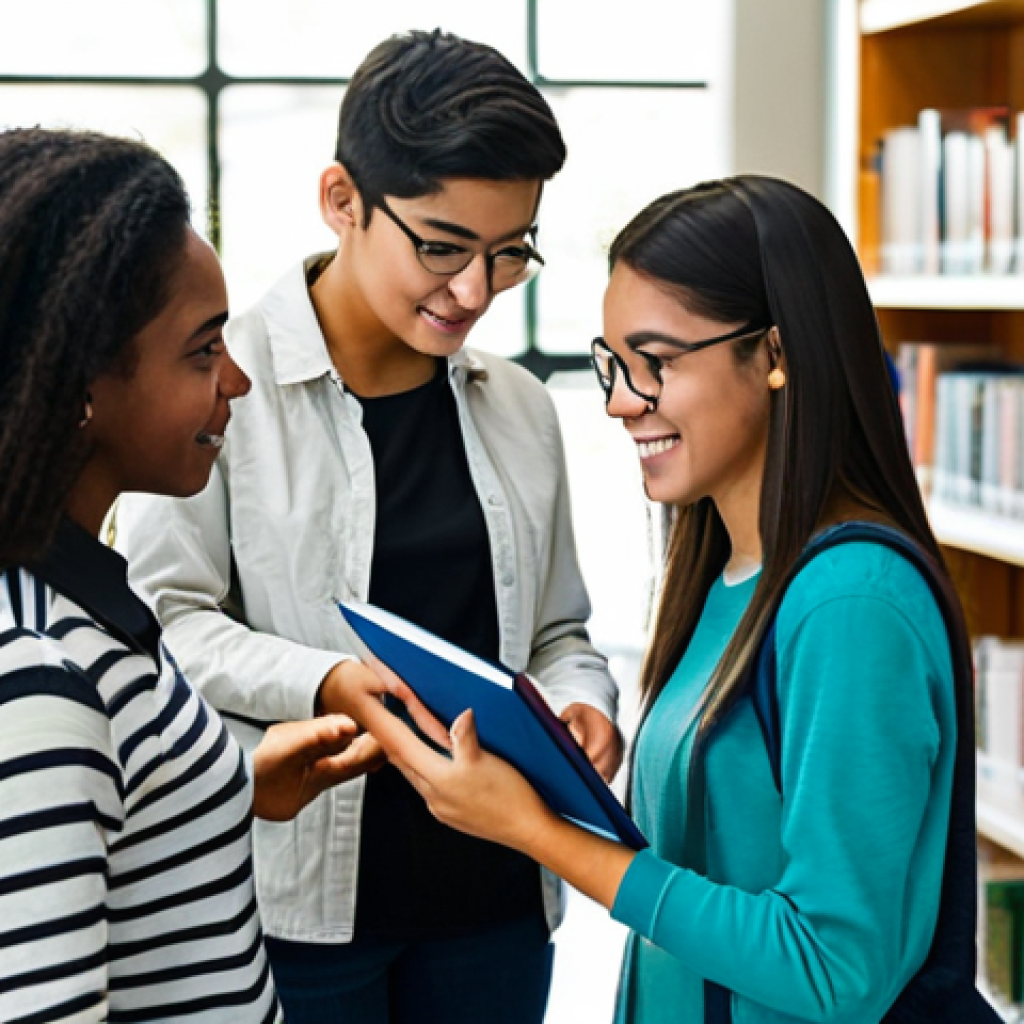 **
"A diverse group of students, fully clothed in casual and modest clothing, collaborating on a project in a bright, modern library. Bookshelves line the walls, and natural light streams through large windows. Safe for work, appropriate content, family-friendly, perfect anatomy, correct proportions, natural pose, well-formed hands, proper finger count, professional."
**