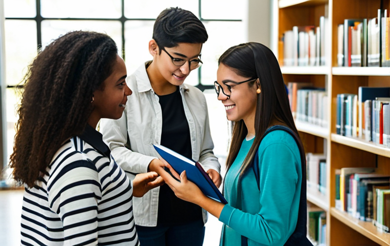 **
"A diverse group of students, fully clothed in casual and modest clothing, collaborating on a project in a bright, modern library. Bookshelves line the walls, and natural light streams through large windows. Safe for work, appropriate content, family-friendly, perfect anatomy, correct proportions, natural pose, well-formed hands, proper finger count, professional."
**