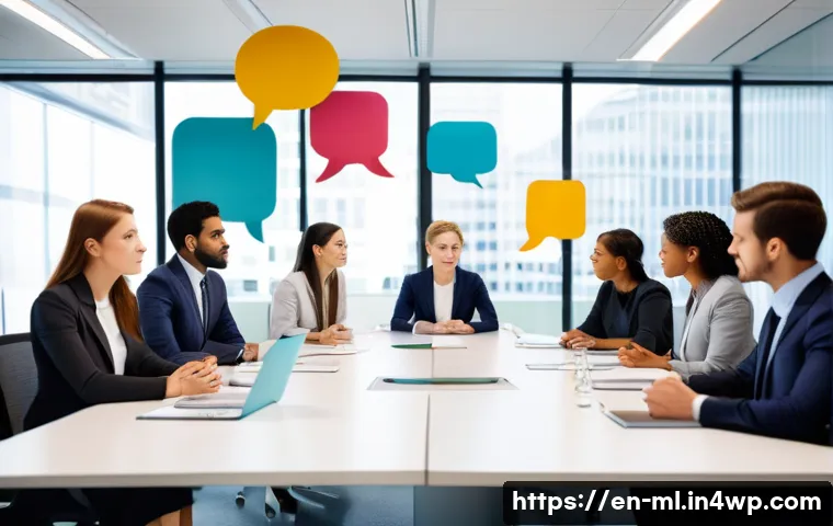 언어적 편향을 다룬 최신 연구 동향 - A modern office scene showing a diverse group of professionals engaged in a meeting around a sleek c...