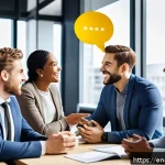 Home 22 언어적 편향을 다룬 TED 강의 - A diverse group of professionals in a modern office setting engaged in a lively discussion, with spe...