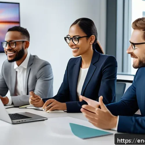 Home 33 언어적 편향과 언어 정책 - A diverse corporate team gathered around a conference table in a modern office, engaging in a collab...
