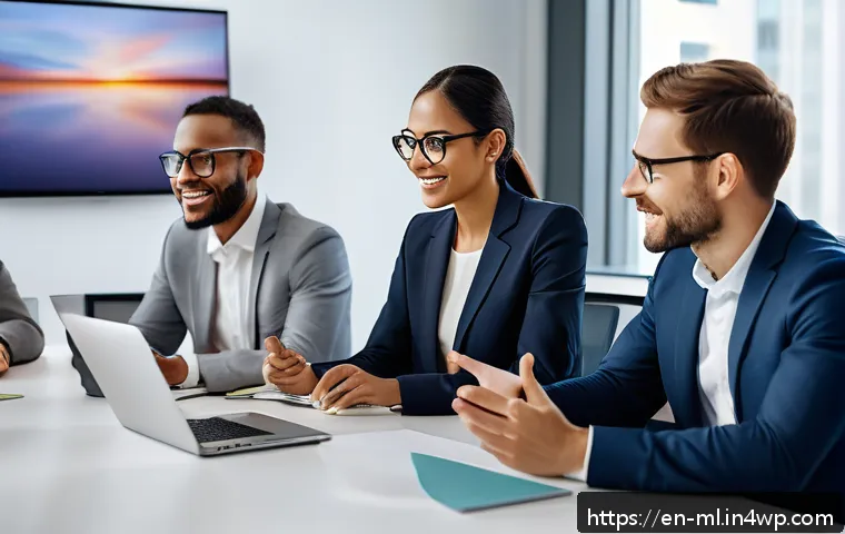 언어적 편향과 언어 정책 - A diverse corporate team gathered around a conference table in a modern office, engaging in a collab...