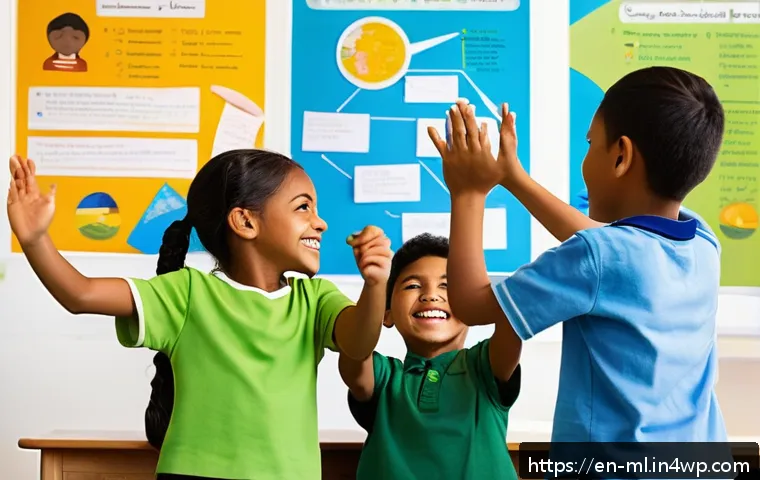 언어적 편향의 교육적 접근 - A vibrant, modern classroom scene showing a diverse group of elementary school students engaged in a...