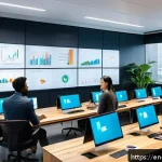 Home 18 언어적 편향 감지를 위한 도구 - A modern tech workspace scene featuring a diverse team of software developers collaborating around a...