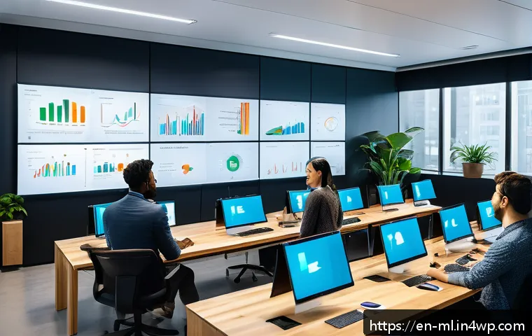언어적 편향 감지를 위한 도구 - A modern tech workspace scene featuring a diverse team of software developers collaborating around a...